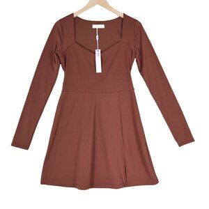 NWT Qinsen Clay Brown Long Sleeve Skater Dress XL Sweetheart Neckline Fit Flare